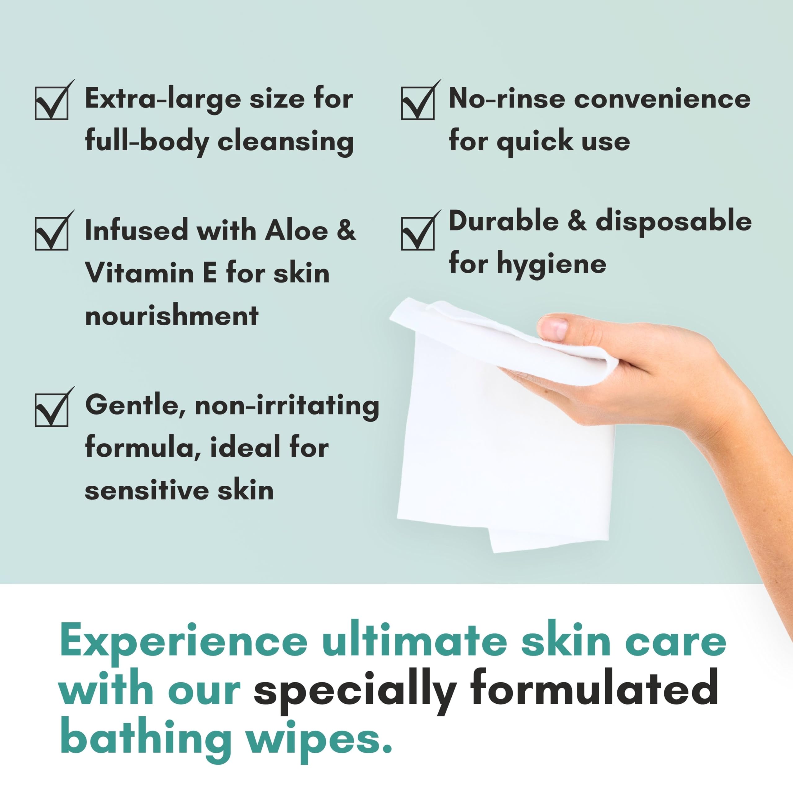 Nurture XL Ultra Thick Body Wipes for Adults w/Aloe | 40 Extra Large Disposable Cloth Wet Cleansing No Rinse Bathing Washcloths, Waterless Shower | Bath Wipe for Women, Men & Elderly