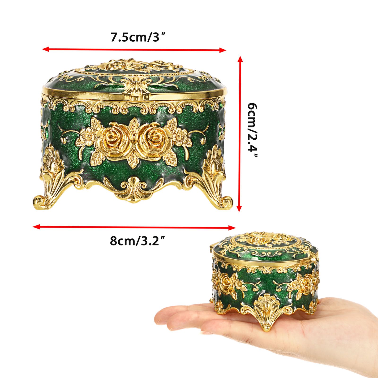 Hipiwe Vintage Jewelry Box Small Trinket Storage Organizer Box Gold Metal Chest Ring Case Treasure Chest Round Keepsake Boxes for Earrings Necklace Gift for Women,Green