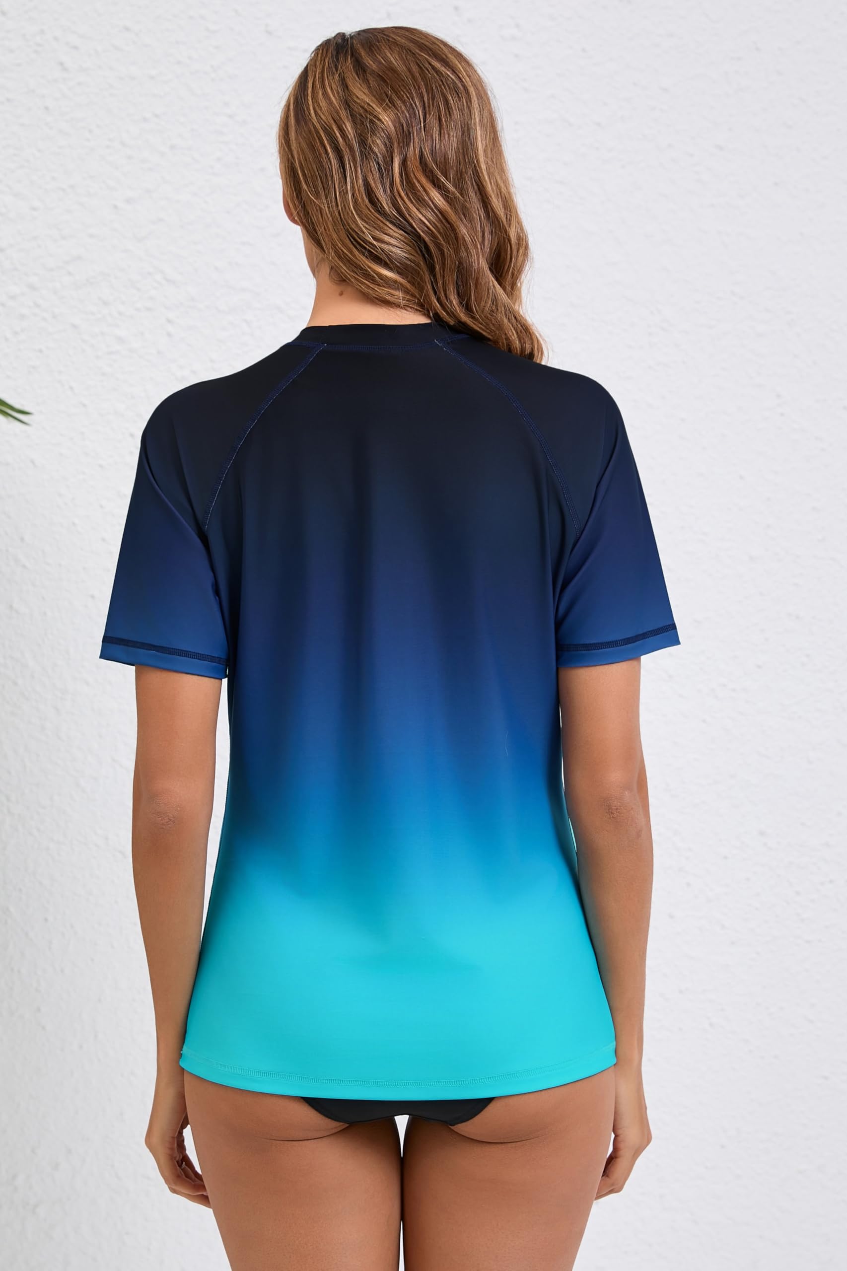 Halcurt Women's Short Sleeve Rash Guard Swimsuit Top with Built in Bra Swim Shirt UPF50+ Quick Dry Bathing Suit Ombre Blue XL