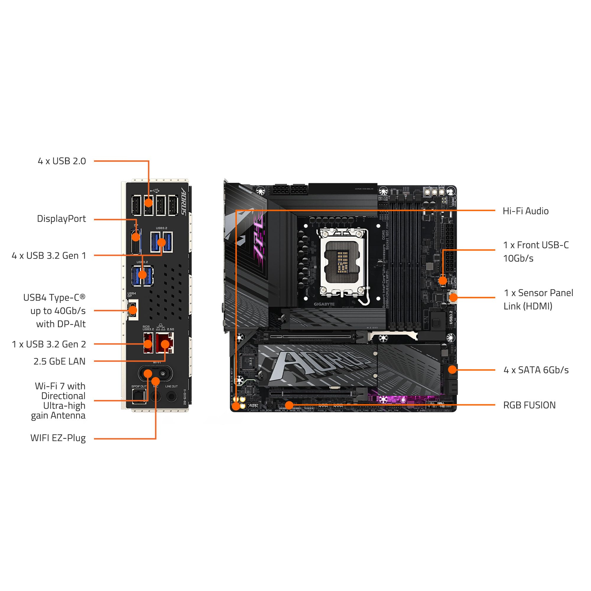 GIGABYTE Z890M AORUS Elite WIFI7 Intel Core Ultra (Series 2) LGA 1851 Motherboard, M-ATX, DDR5, 3X M.2, PCIe 5.0, USB4 Type-C, WIFI7, 2.5GbE LAN, WiFi EZ-Plug, EZ-Latch Plus