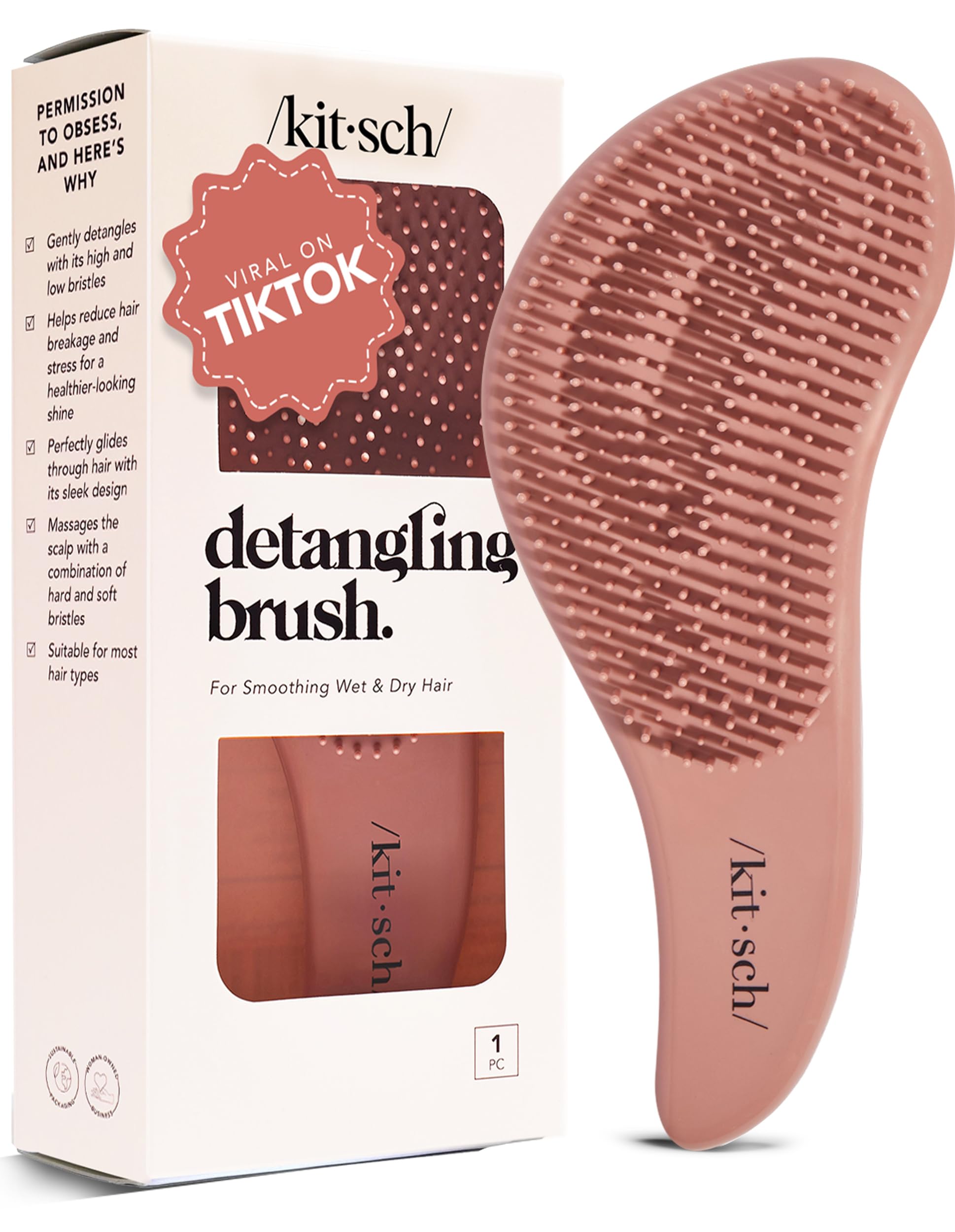 Kitsch Detangler Brush – Gentle Curly Hair Brush with Flexible Bristles for All Hair Types - Wet or Dry | Detangling Hair Brushes for Women & Men, Hairbrush for Adults & Kids - Terracotta