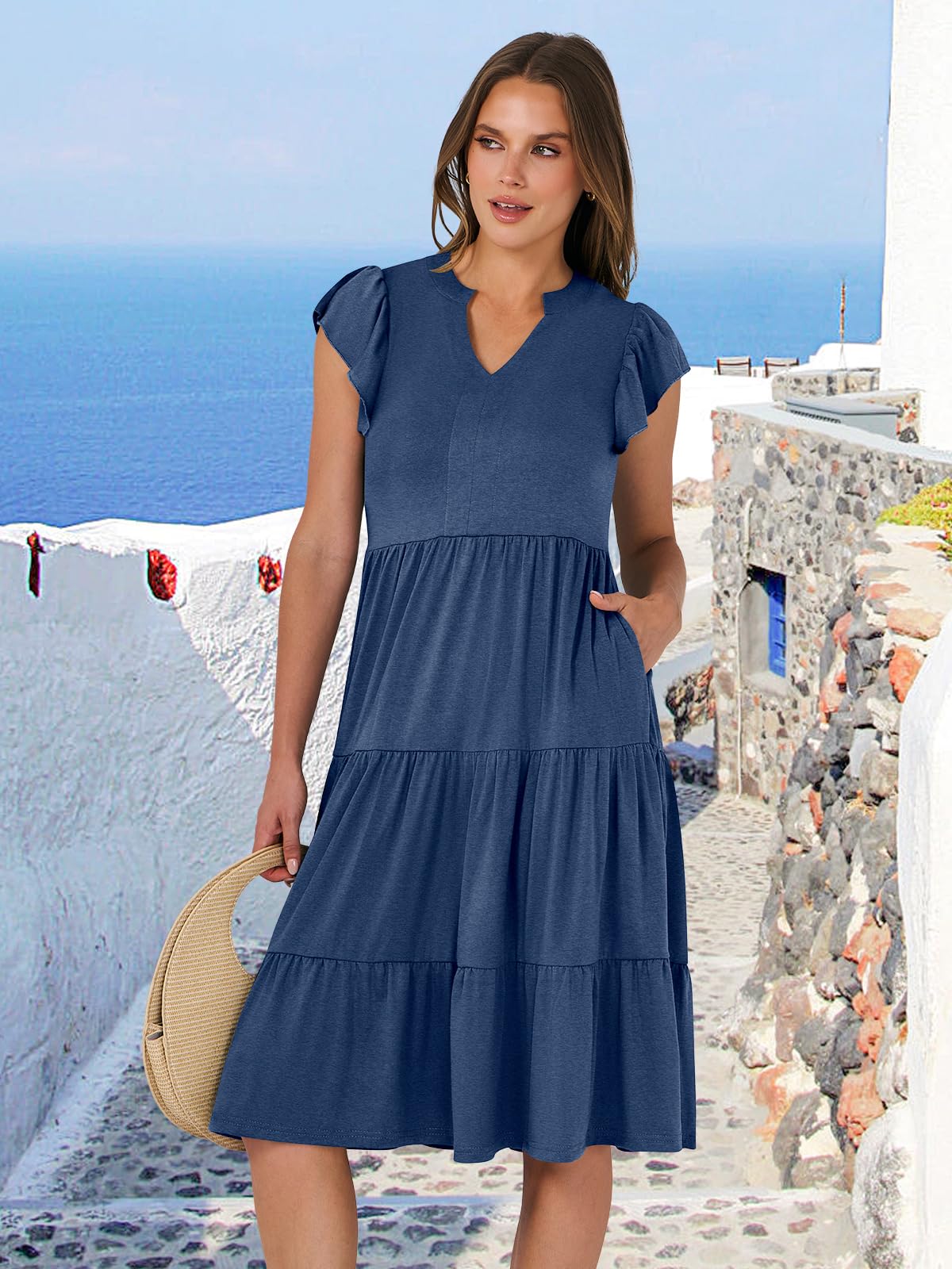 ANRABESS Womens Summer Dress Ruffle Sleeve V Neck Midi Dresses Fashion Casual Fit Flowy Tiered Boho Beach Vacation Sundress Blue-L