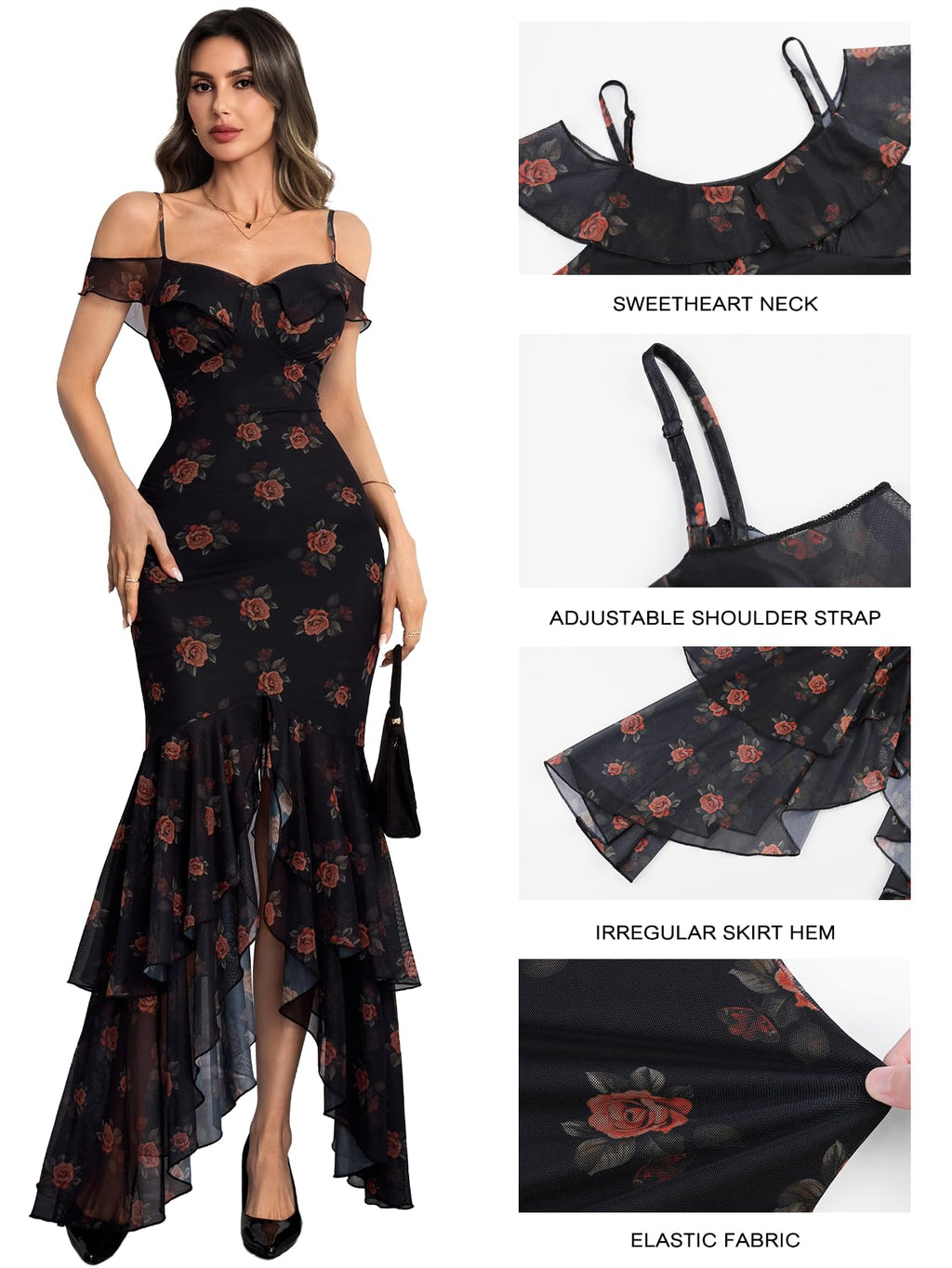 GothDark Ruffle Dress Flattering Dress for Wedding Guest Black Semi Formal Dresses Sexy Date Night Outfits for Women Black Large Fits US Size 8 to 10