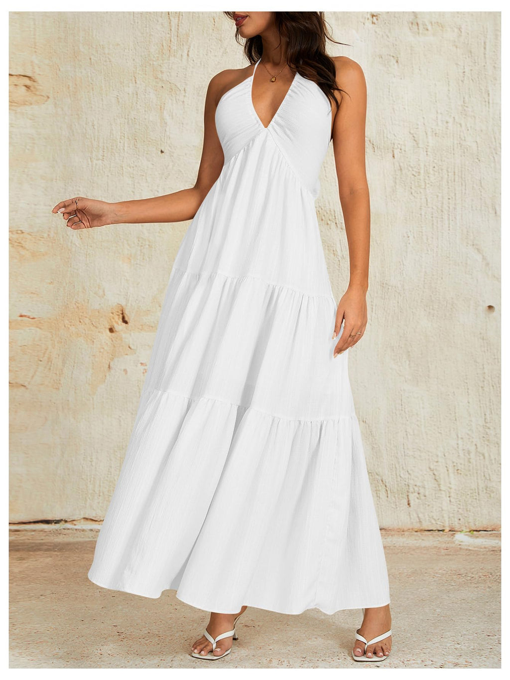 OYOANGLE Women's Summer Beach Sundress Formal Wedding Guest Dress Backless Flowy Vacation Boho Maxi Dresses White Small