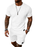 UOUA Mens Short Sets 2 Piece Summer Outfits Casual Short Sleeve Crew-Neck Shirts & Shorts Track Suit Jogging Loungewear White S