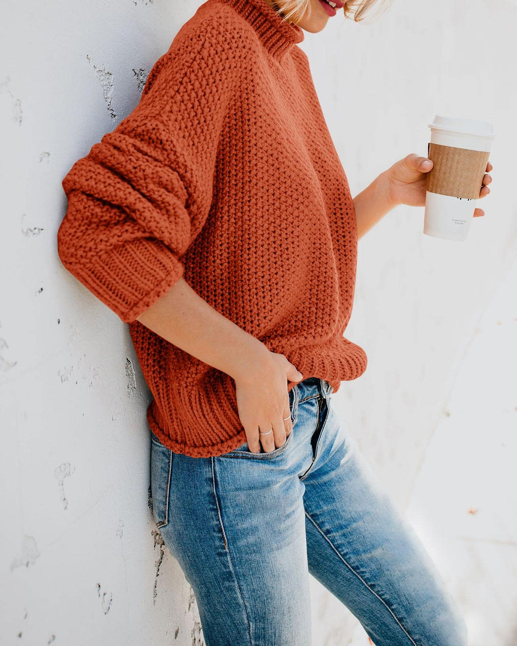 Saodimallsu Womens Turtleneck Oversized Sweaters Batwing Long Sleeve Pullover Loose Chunky Knit Jumper Brick Red