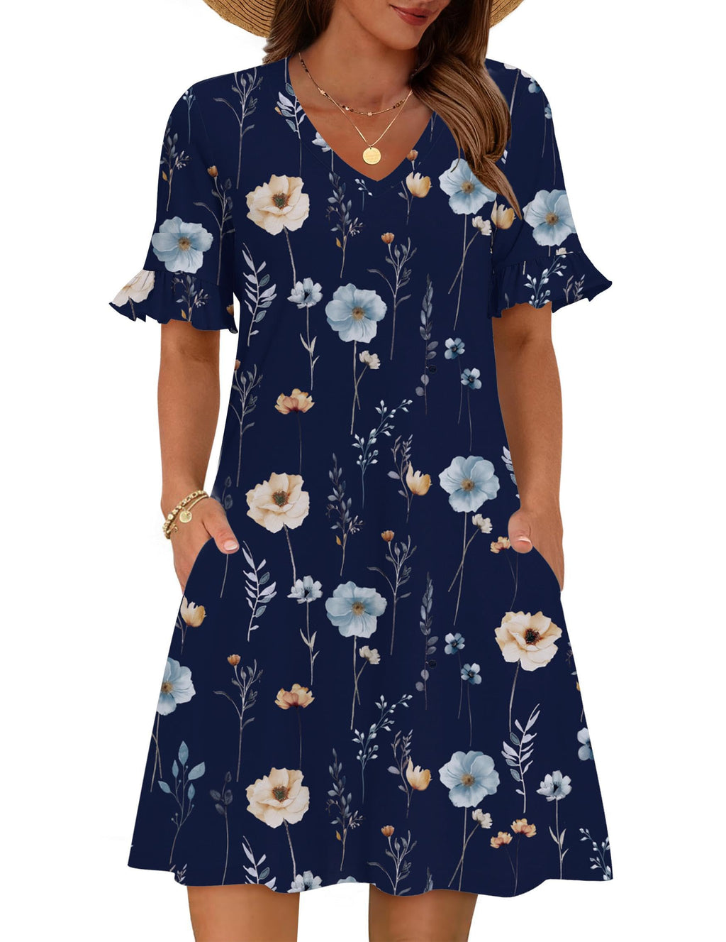 Zeagoo Plus Size V Neck Dress for Women Blue Floral Dress for Women 2026 Aline Dresses with Pockets Womens Short Sleeve T-Shirt Dress XXL