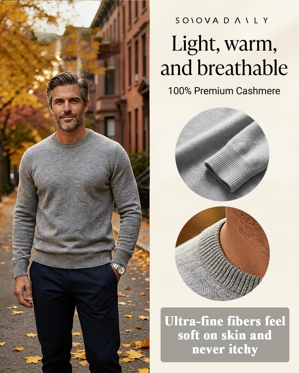 Men’s Daily Cashmere Sweater – 100% Pure Cashmere Crew Neck Pullover, Soft Lightweight Knit (US, Alpha, Medium, Regular, Regular, Grey)