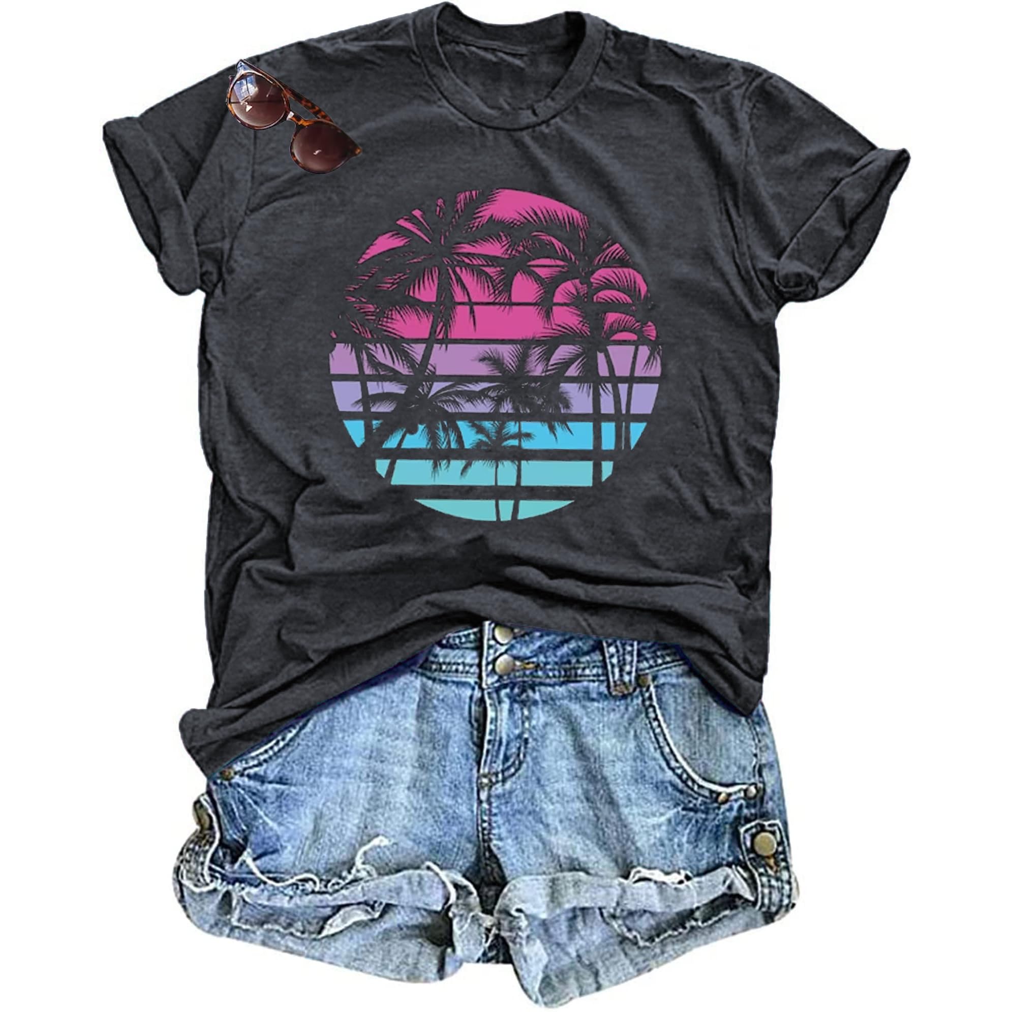Hawaiian Shirts for Women Palm Trees Beach Graphic Tee Tops Summer Vacation Short Sleeve Tshirt Tops Dark Grey L