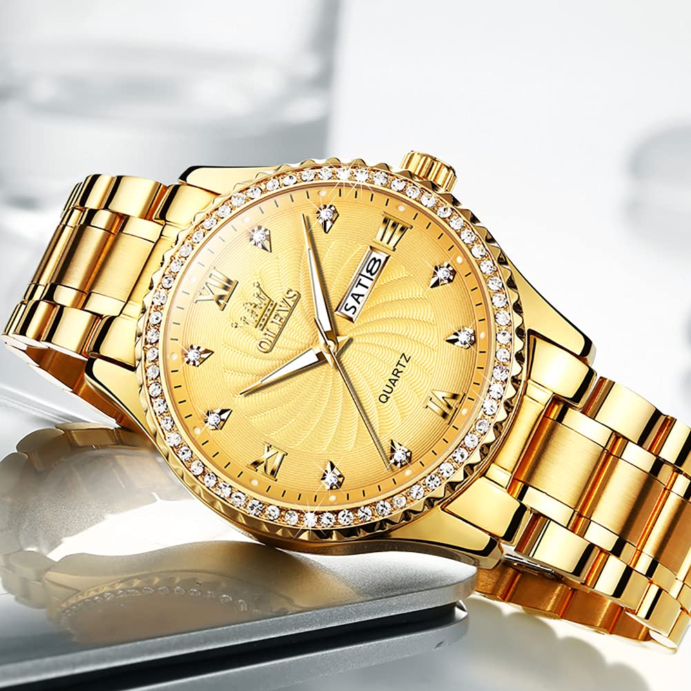 OLEVS Men Gold Watches Luxury Diamond Stainless Steel Large Watches Business Dress Waterproof Luminous Date Wrist Watch for Men