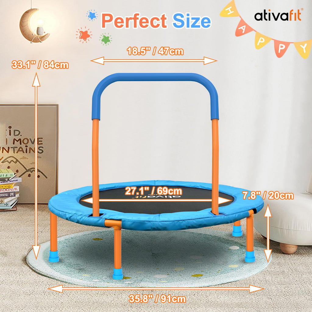 Ativafit 36inch Mini Toddler Trampoline for Kids Ages 1-6 Indoor Outdoor Folding Small Rebounder Trampoline with Foam Handle Safety Padded Cover Fun for Kids