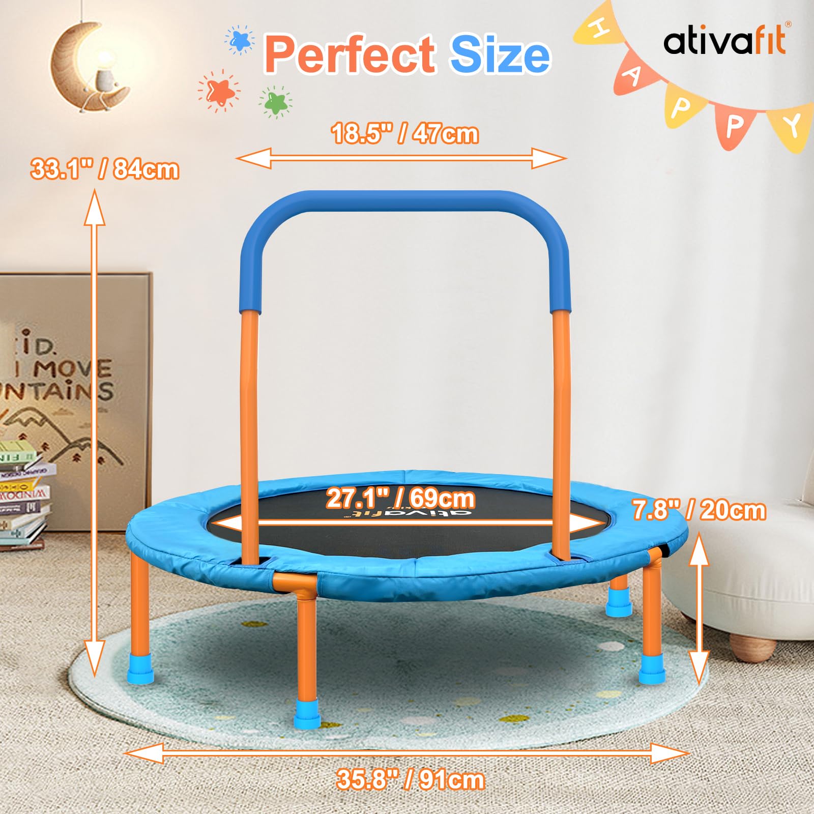 Ativafit 36inch Mini Toddler Trampoline for Kids Ages 1-6 Indoor Outdoor Folding Small Rebounder Trampoline with Foam Handle Safety Padded Cover Fun for Kids