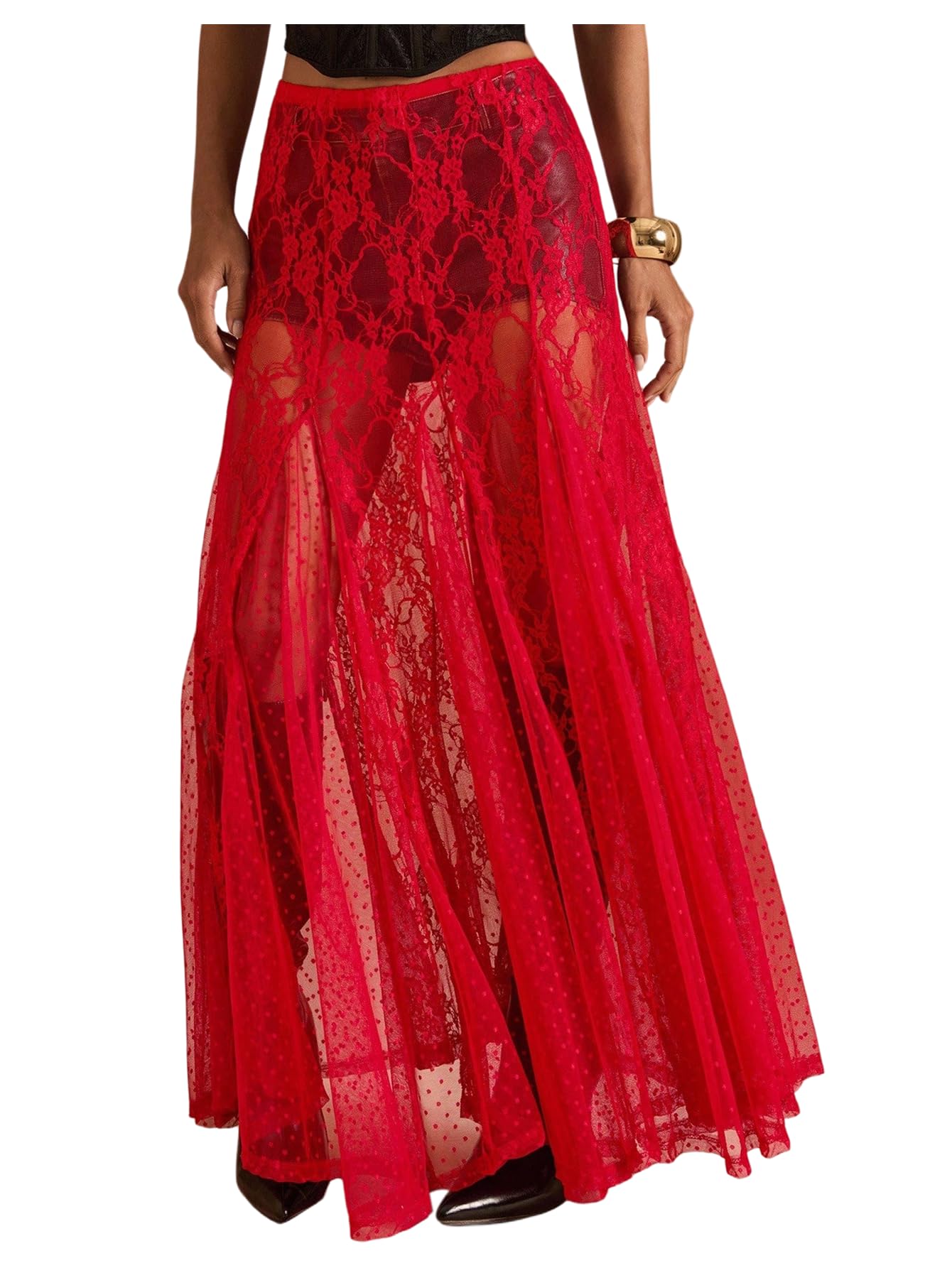 WDIRARA Women's Sexy See Through Sheer Lace Maxi Skirt Low Waist Ruffle Hem A Line Flowy Skirt Red Medium