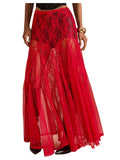 WDIRARA Women's Sexy See Through Sheer Lace Maxi Skirt Low Waist Ruffle Hem A Line Flowy Skirt Red X-Small
