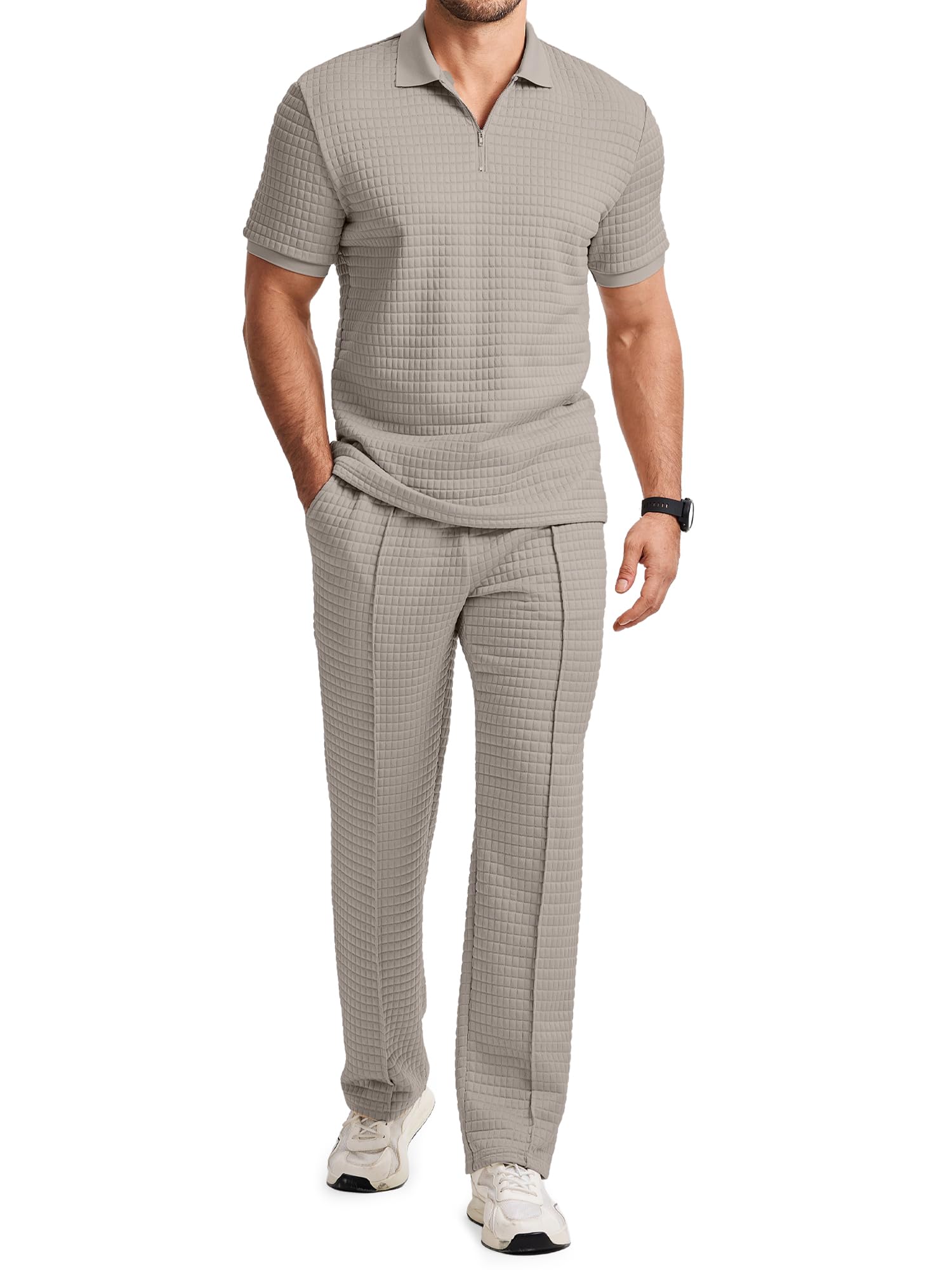 JMIERR Mens Summer Outfits Short Sets 2 Piece Outfits Waffle Textured Quater Zip Polo Shirts Casual Loose Beach Pant Vacation Old Money Cothes, S, Khaki