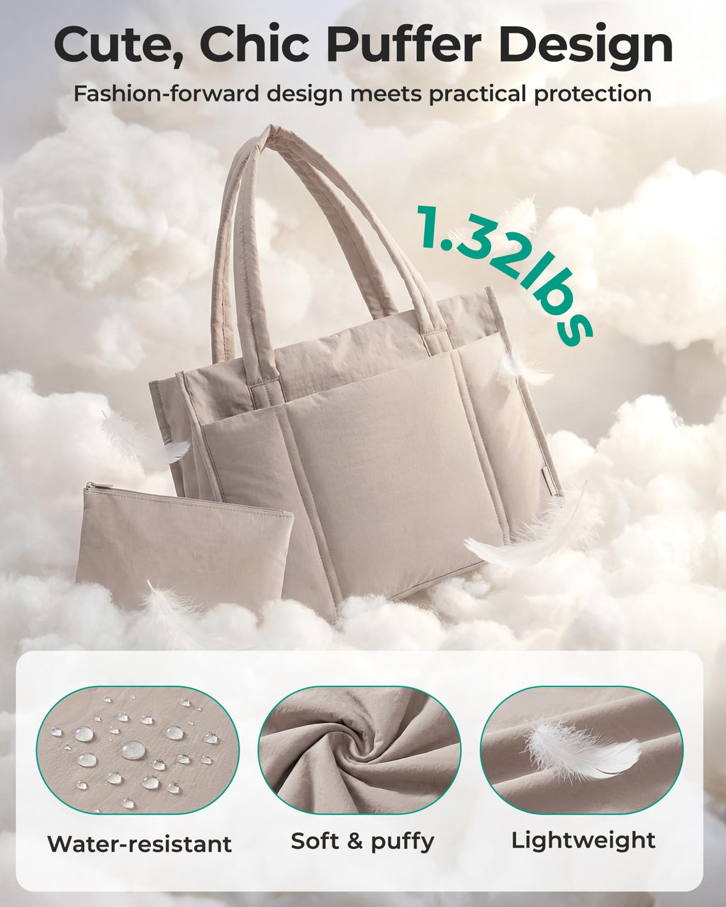 BAGSMART Tote Bag for Women, 2Pc Puffy Tote Bag Set with Zipper, Quilted Large Nurse Work Teacher Bag for Travel, Brown