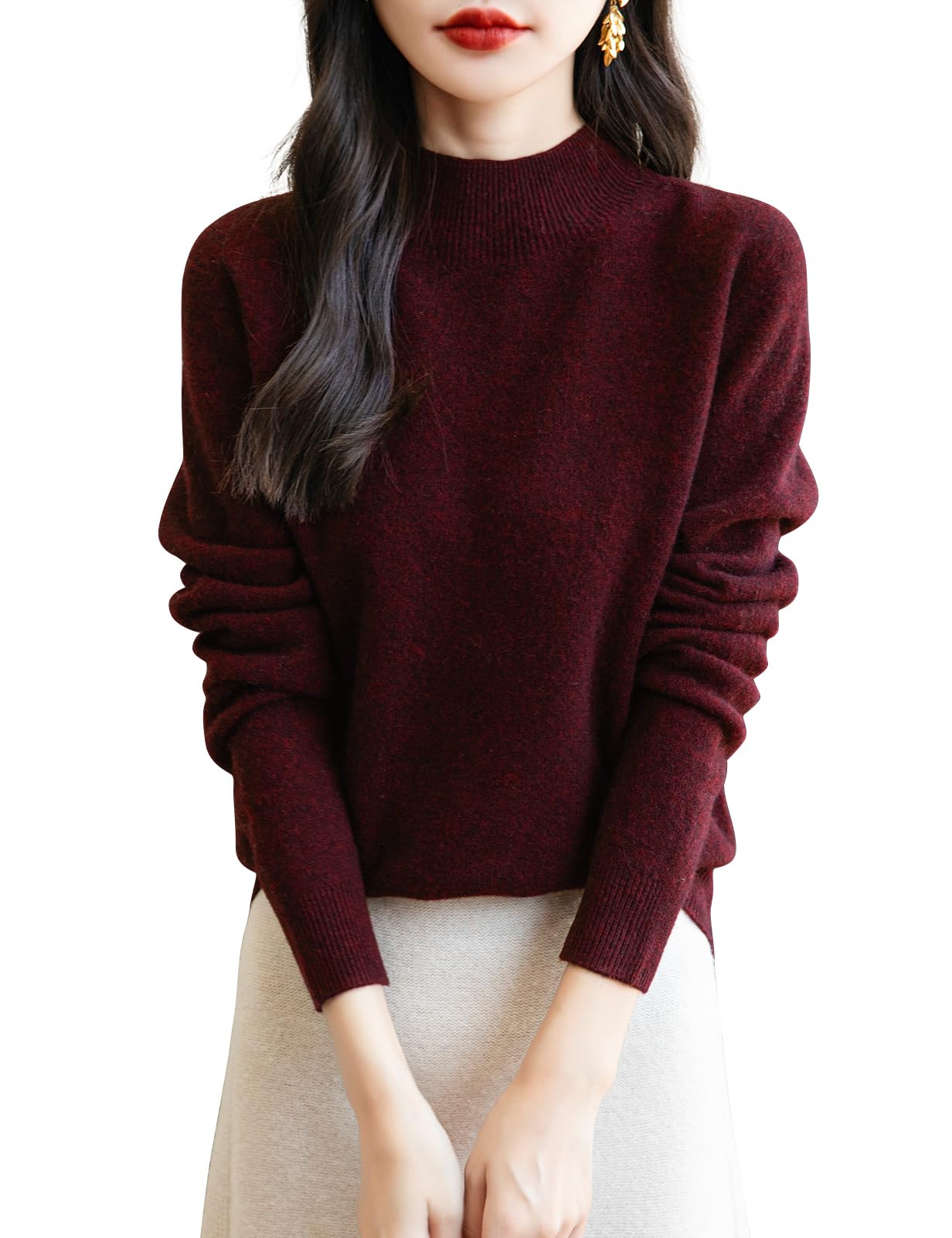 Chanyarn Women's Cashmere Long Sleeve Sweater Mockneck 2025 Fall Winter Seamless Knit Turtleneck Pullover Warm Soft 100% Merino Wool Sweater (Dark Red,L)