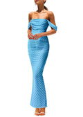 PRETTYGARDEN Cocktail Dresses for Women 2026 Summer Floral Off Shoulder Ruched Mesh Elegant Wedding Guest Maxi Dress (01 Dot Light Blue,Small)