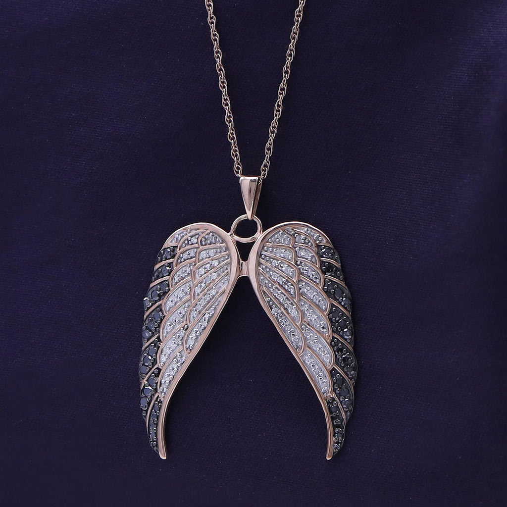 AFFY 1/2 Carat Round Cut White & Enhanced Black Natural Diamond Angel Wings Pendant Necklace In 14k Rose Gold Over Sterling Silver (0.50 Cttw) With 18" Chain