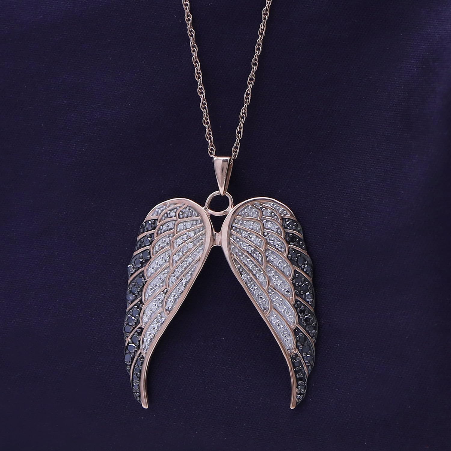 AFFY 1/2 Carat Round Cut White & Enhanced Black Natural Diamond Angel Wings Pendant Necklace In 14k Rose Gold Over Sterling Silver (0.50 Cttw) With 18" Chain