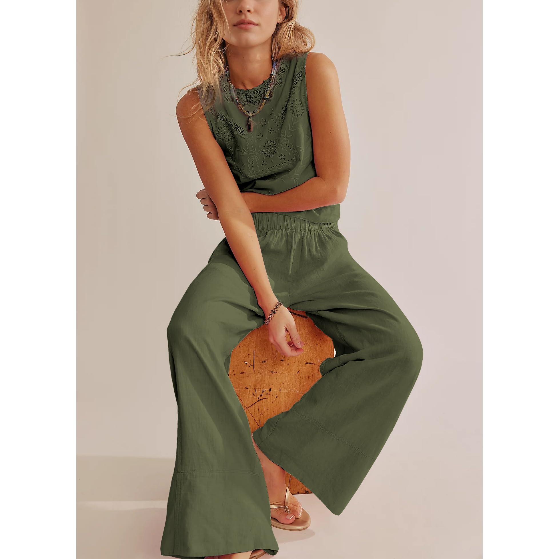 SeeLuNa Linen Pants for Women Cotton Baggy Boho Casual Palazzo Pants Wide Leg Long Lounge Trousers with Pockets(Army-Green,S)