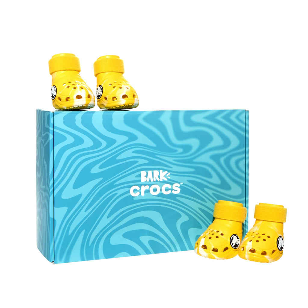 BarkBox Yellow Crocs Dog Shoes – Set of 4 Glow-in-The-Dark Dog Booties with EVA Foam, Adjustable Strap & Non-Slip Sole – Comfortable Paw Protection for Medium Breeds (26-50 lbs)