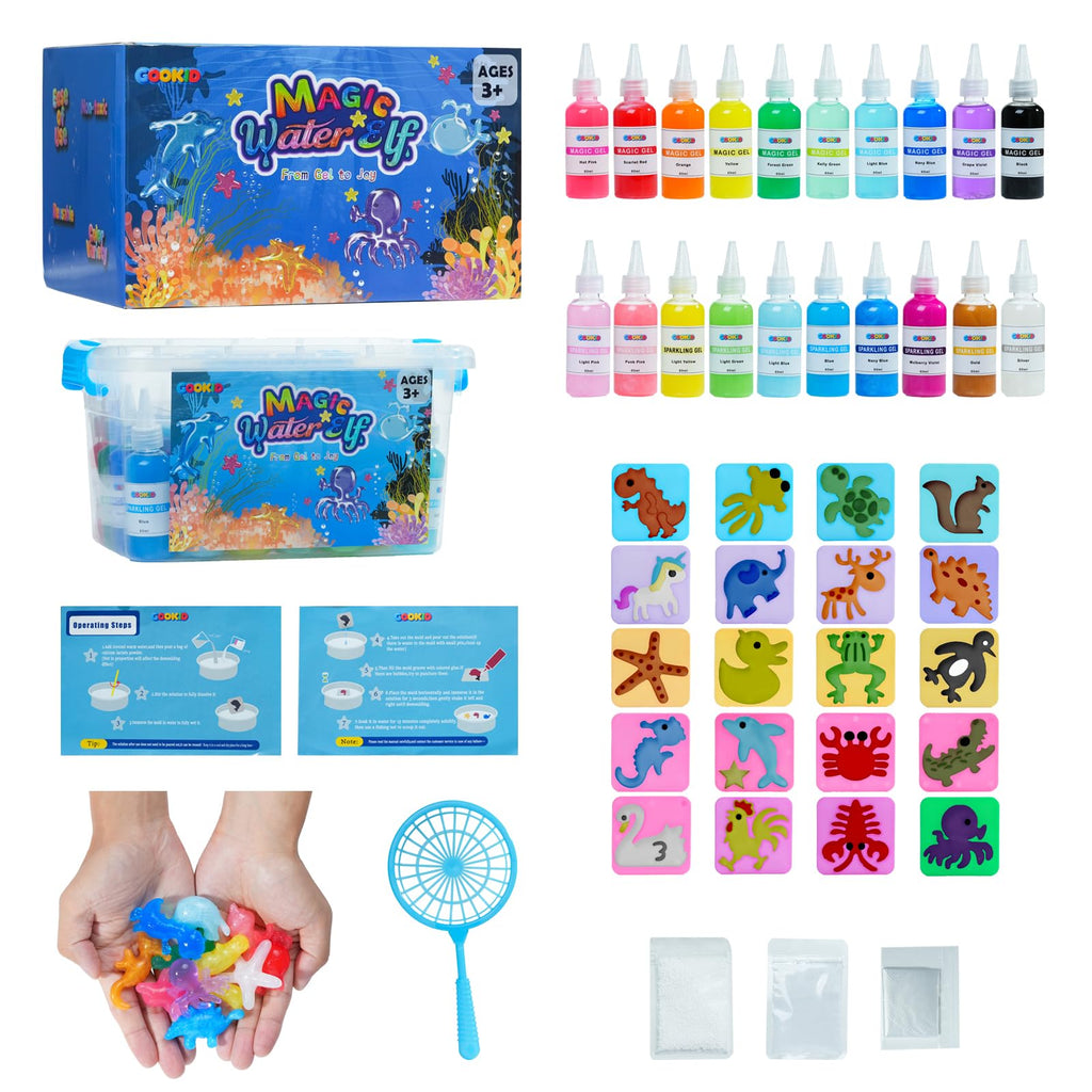 gookid Magic Water Elf Toy Kit for Kids Ages 3-12, DIY Sensory Craft with 20 Bottles of Magic Gel, 20 Molds, STEM Educational Science Activity, Water Beads for Kids Ages 6-12, Birthday Party Gifts
