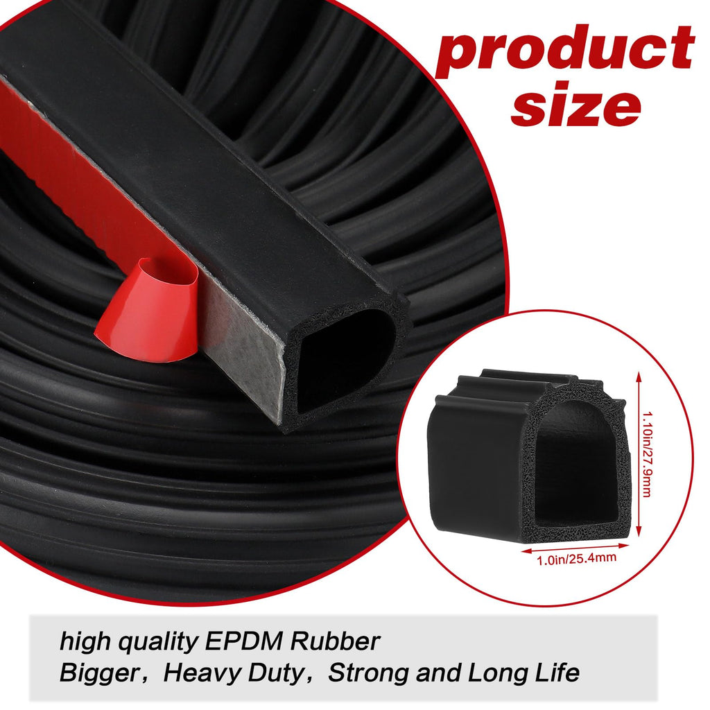 Sacubee Rubber D Shape Door Seal Strip 1" RV Slide Out Seal Self Adhesive EPDM Rubber Heavy Duty Automotive Weather Stripping for Fill Gaps Apply to Car Truck RV Boat Home Application (42 Feet)