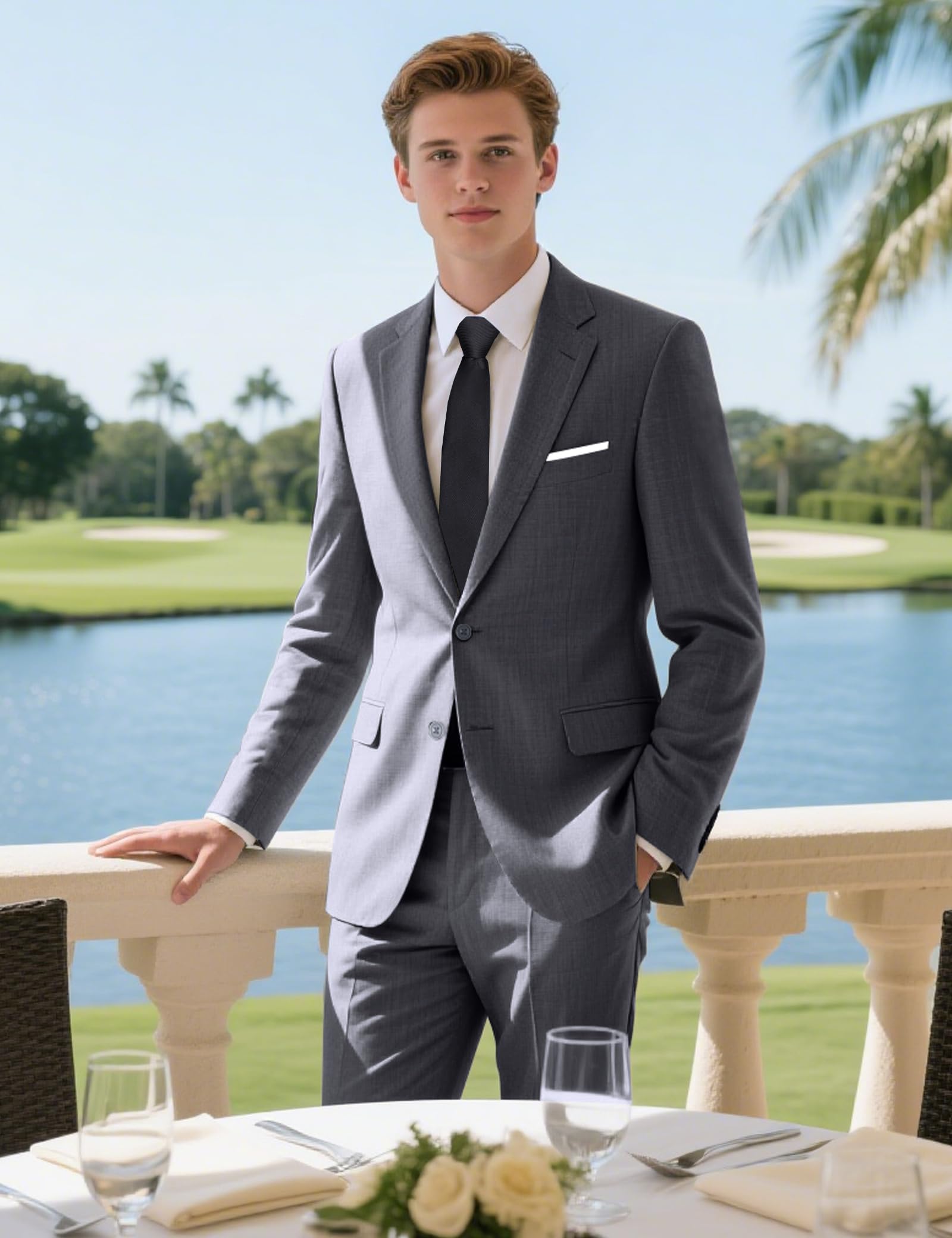 Mens Gray Suit Slim Fit 2 Piece Classic Fit Gray Suit Tuxedo Regular Fit for Young Men Business Wedding Prom Party (Regular,36R)