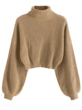 ZAFUL Women's Cropped Turtleneck Sweater Lantern Sleeve Ribbed Knit Pullover Sweater Jumper (2-Tan, M)
