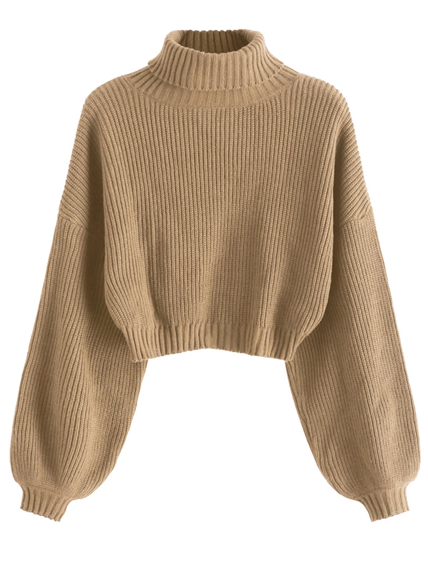 ZAFUL Women's Cropped Turtleneck Sweater Lantern Sleeve Ribbed Knit Pullover Sweater Jumper (2-Tan, M)