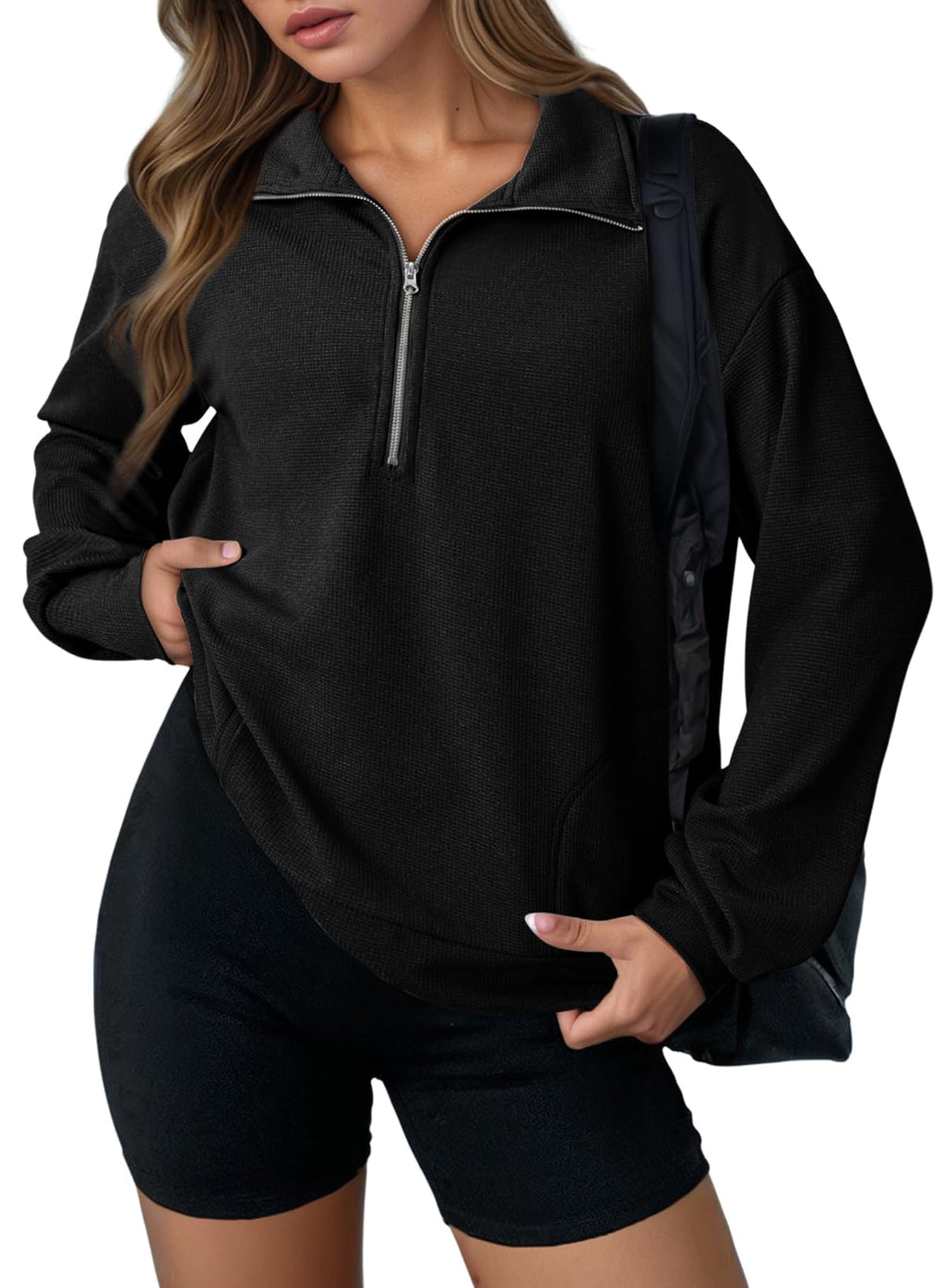Dokotoo Womens Sweatshirt Waffle Knit Long Sleeve Zip Up Casual Sweatshirts Lightweight Soft Pullover Sweater Tops Comfy Fall Fashion Thanksgiving Outfit Clothes Trendy 2025 Plus Size Black Small