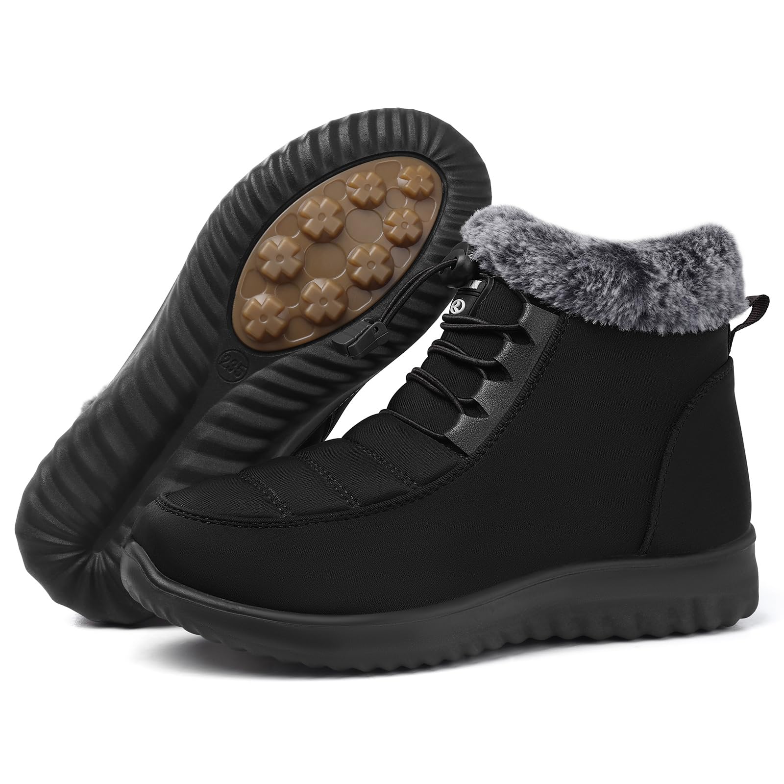 SHIBEVER Winter Boots for Women Snow: Black Fur Lined Warm Ankle Boots - Cold Weather Water Resistant Outdoor Zipper Snow Shoes Size 9