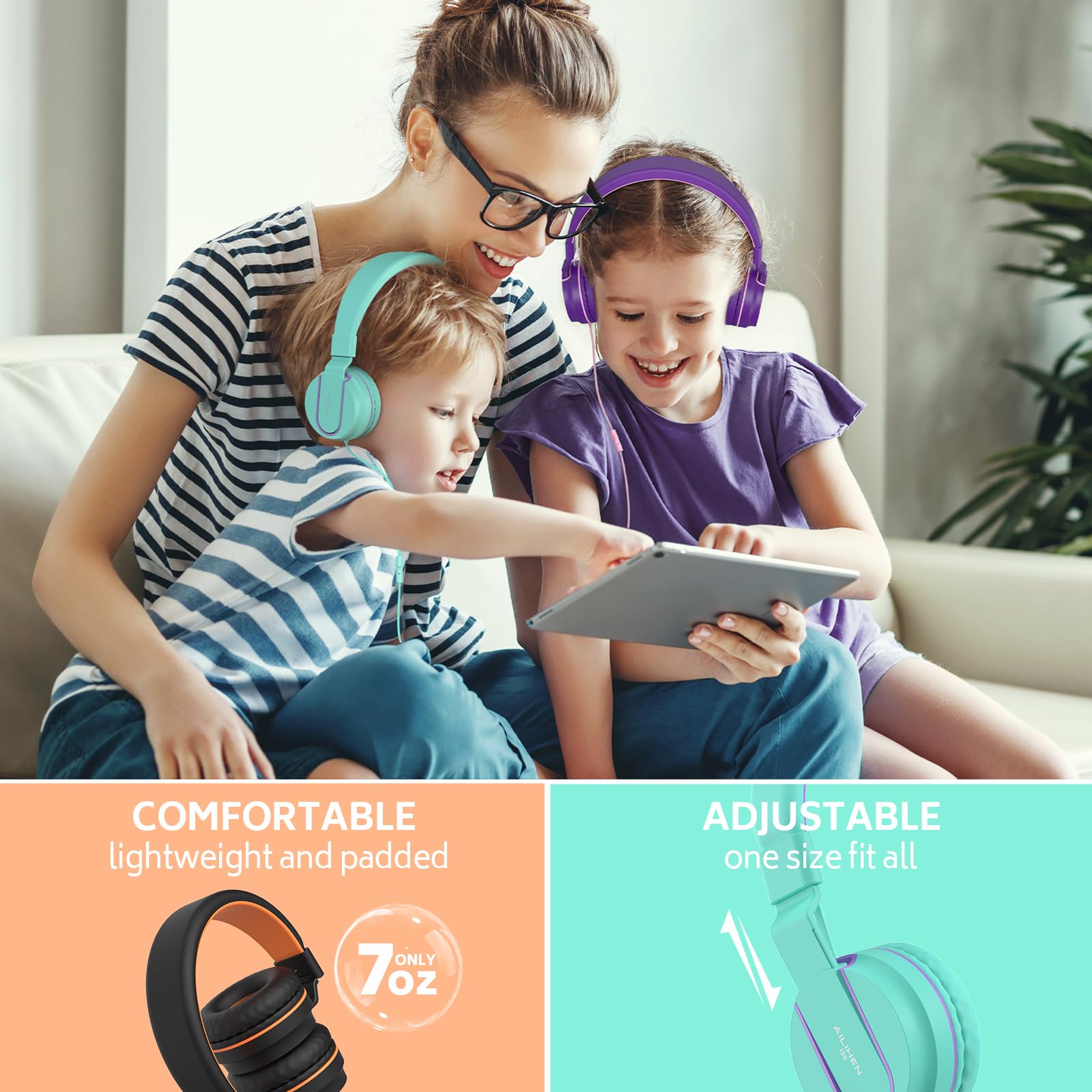 AILIHEN Kids Headphones Bulk 5-Pack for K-12 School Classroom, On-Ear Wired Headset with Microphone for Students Children with 93dB Volume Limited, 3.5mm Jack for Chromebooks Tablets Laptop Computer