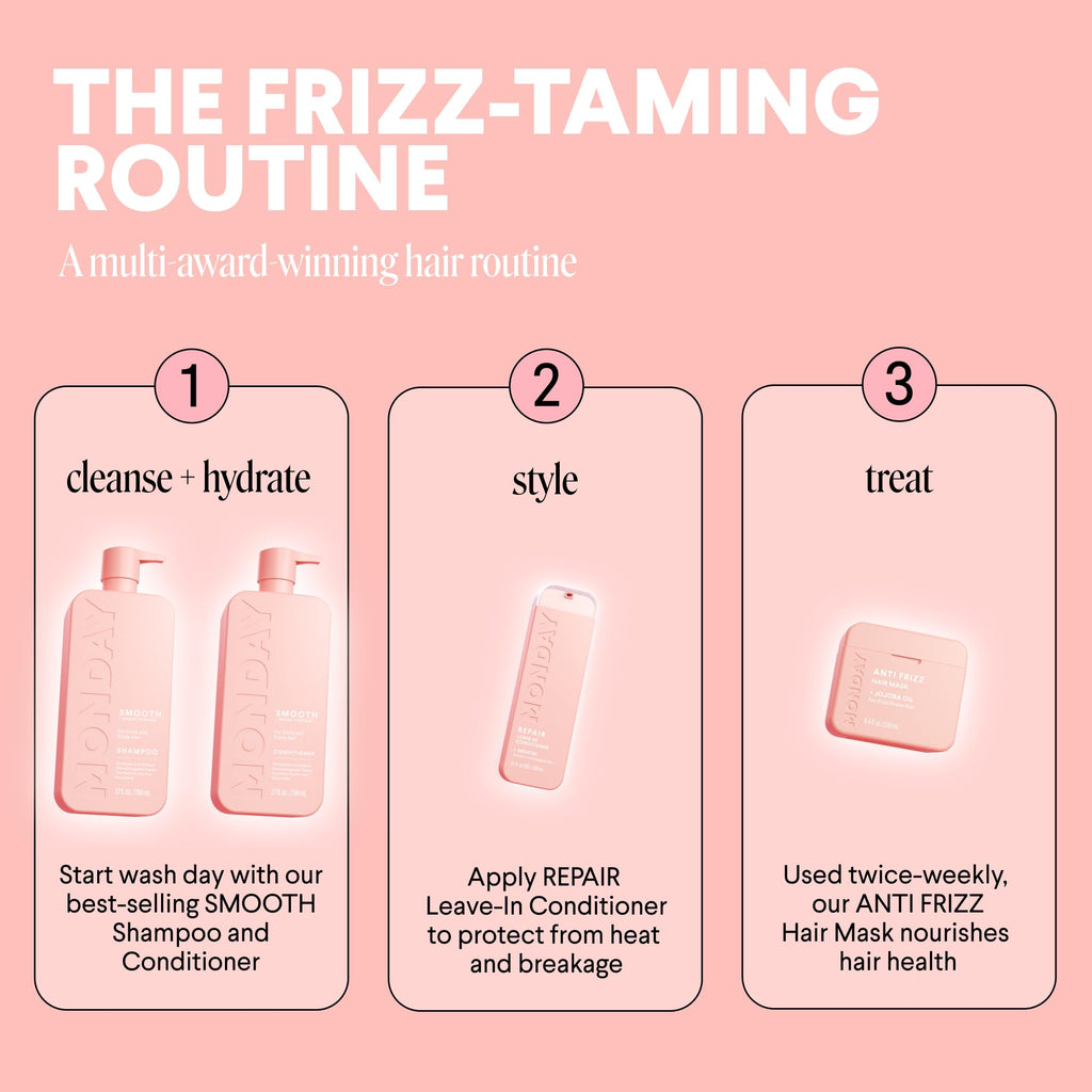 MONDAY HAIRCARE Smooth Shampoo + Conditioner Bathroom Set (2 Count) 27 oz Each For Frizzy, Coarse & Curly Hair Made with Coconut Oil, Shea Butter & Vitamin E 100% Recyclable Bottle Pink