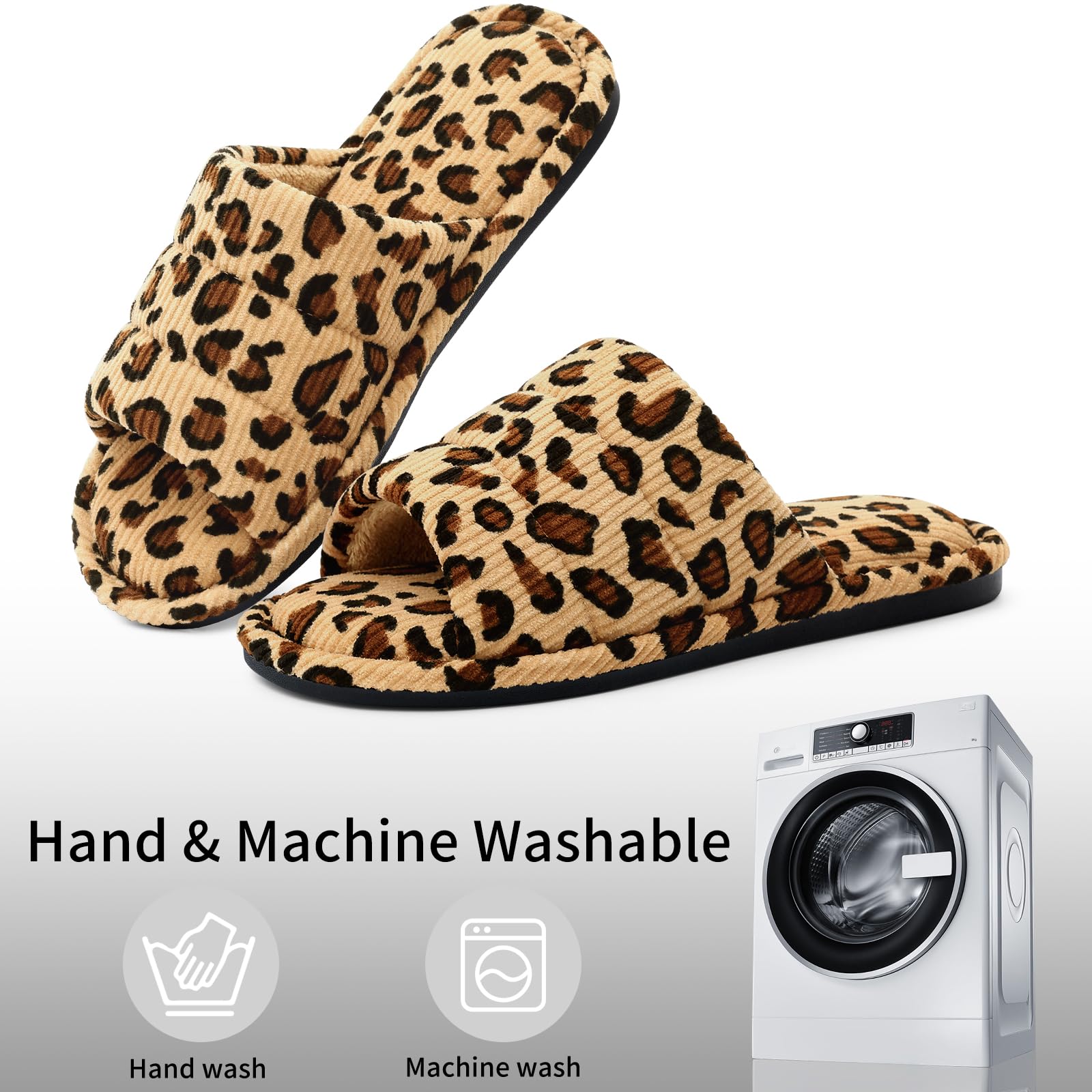 shevalues Summer House Slippers for Women Men Breathable Corduroy Indoor Slippers Slip-on Open Toe Bedroom Shoes with Memory Foam, Leopard 7.5-8.5 Women Men/6-7men