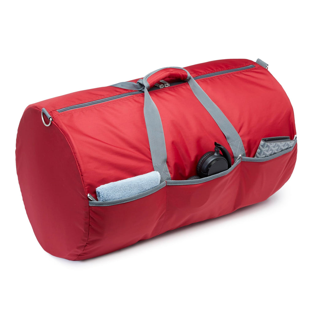 Amazon Essentials 25-inch Foldable Packable Nylon Duffel Bag for Travel and Sports with Multiple Zippered Pockets, 35 lb Weight Capacity, Collapsible for Easy Storage, Red