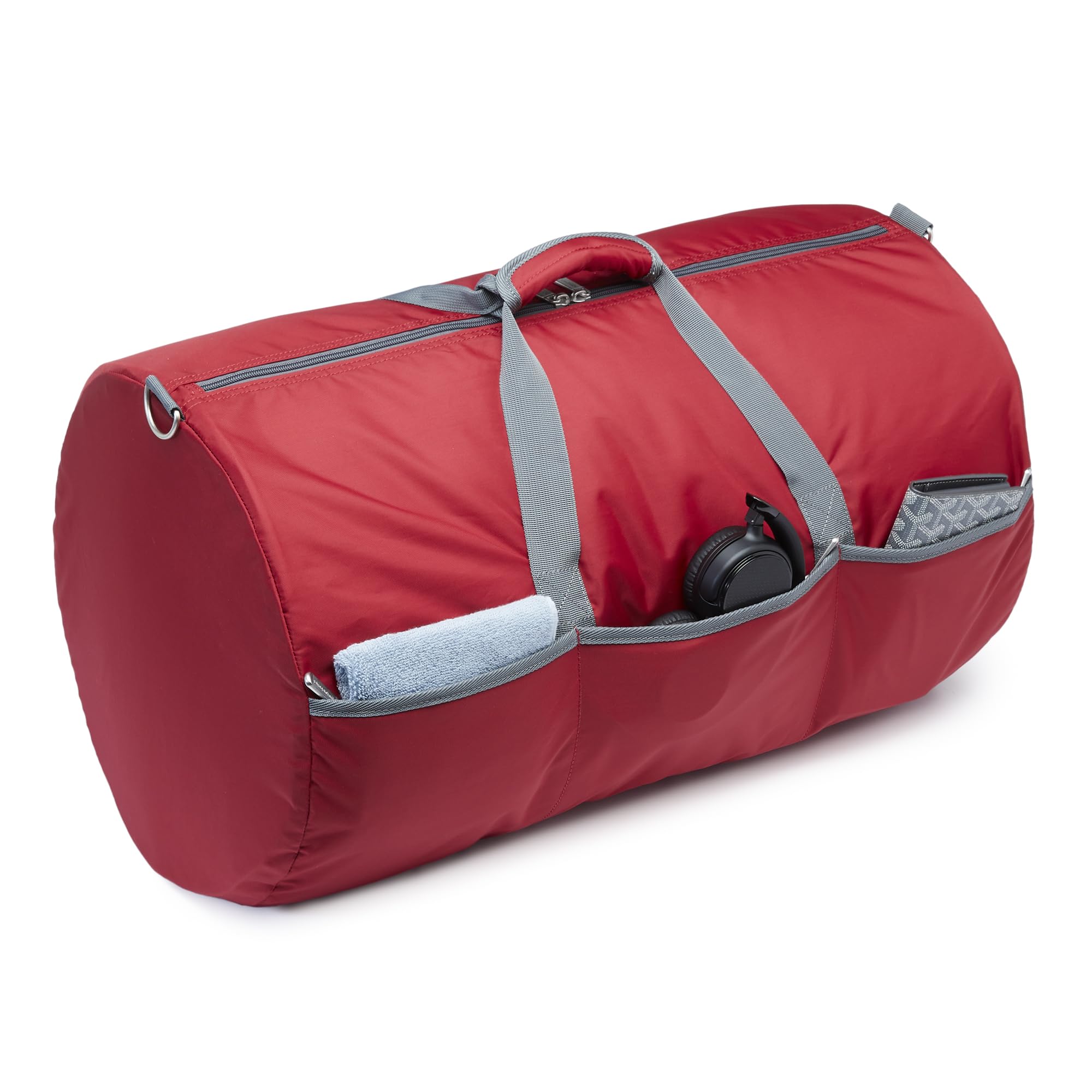 Amazon Essentials 25-inch Foldable Packable Nylon Duffel Bag for Travel and Sports with Multiple Zippered Pockets, 35 lb Weight Capacity, Collapsible for Easy Storage, Red