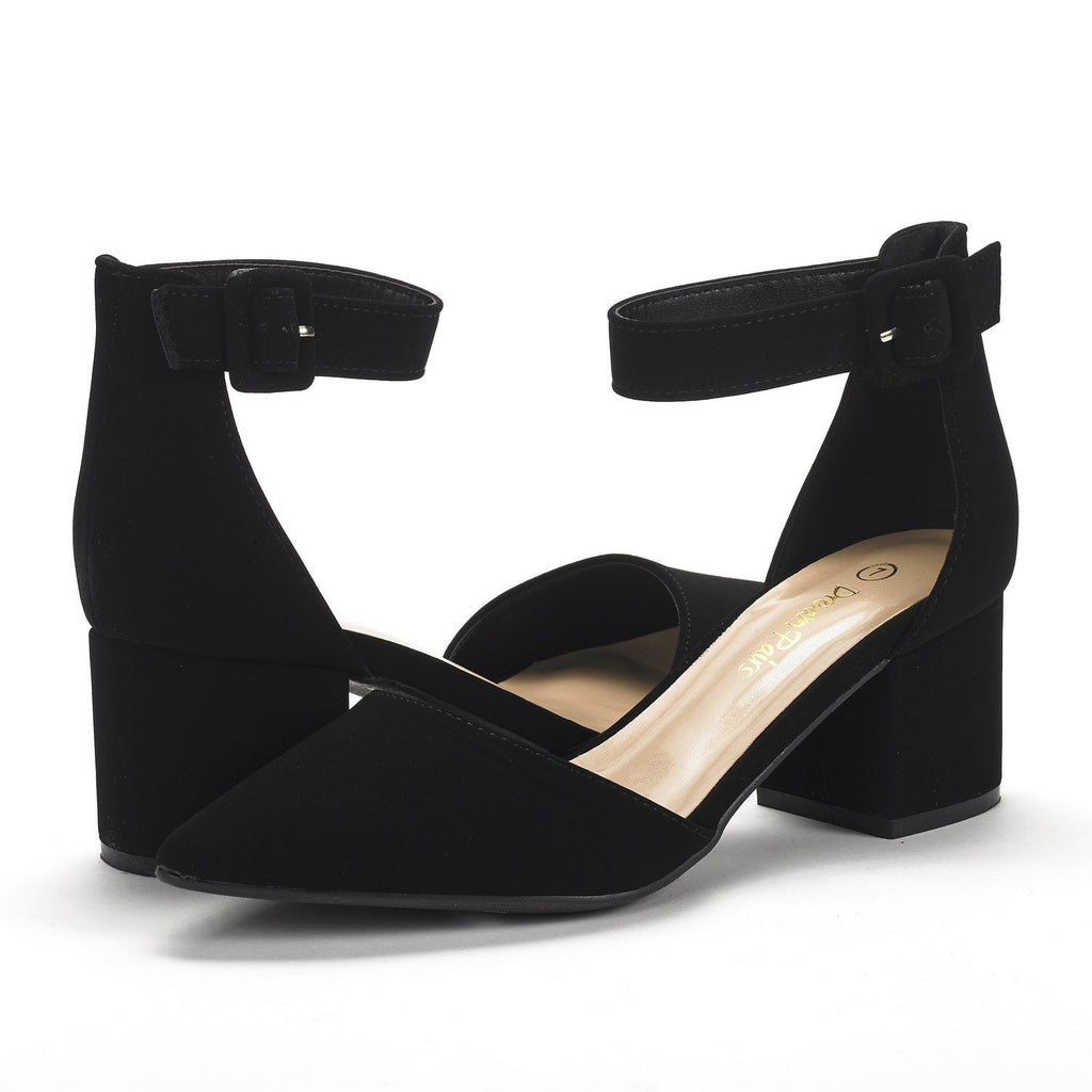 DREAM PAIRS ANNEE Pointed Toe Low Chunky Heels Pump Shoes,Size 7.5,Black/Nubuck,ANNEE