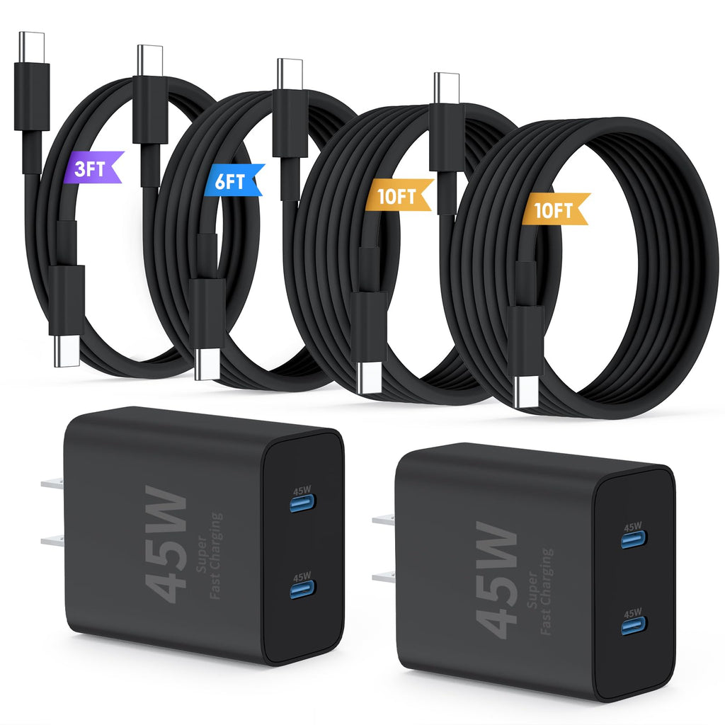 QZIIW Super Fast Samsung Charger Type C,45W Dual Port USB C Fast Charger Block [2-Pack] & Extra Long 60W 3/6/10/10FT USB C Cable - PD Quick Charging 3.0 For Samsung Galaxy S25 Ultra/S24+/S23 iPhone 16