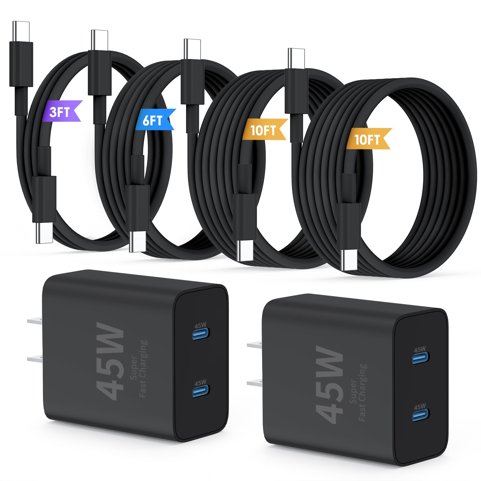 QZIIW Super Fast Samsung Charger Type C,45W Dual Port USB C Fast Charger Block [2-Pack] & Extra Long 60W 3/6/10/10FT USB C Cable - PD Quick Charging 3.0 For Samsung Galaxy S25 Ultra/S24+/S23 iPhone 16