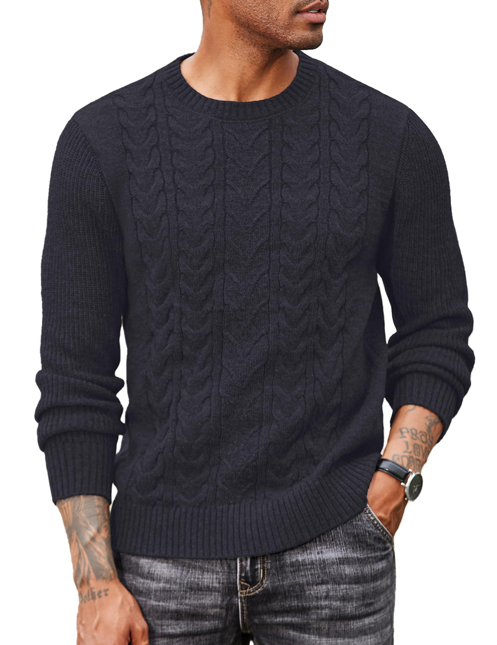 COOFANDY Mens Crewneck Pullover Sweater Classic Ribbed Long Leeve Fitted Chunky Knit Sweaters, Navy Blue, XX-Large