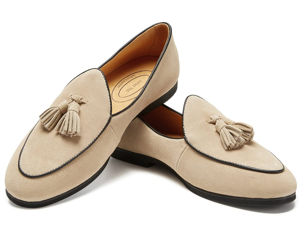 Journey West Men's Tassel Slip-on Loafer Belgian Suede Loafers Casual Leather Shoes for Men Beige US 7