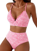 Herseas Women's Stitching Floral Textured Bikini Sets Scalloped V Neck Swimsuits High Waisted Tummy Control Bathing Suits Chic Pink Resort Essentials for Teens 2026 Summer XX-Large