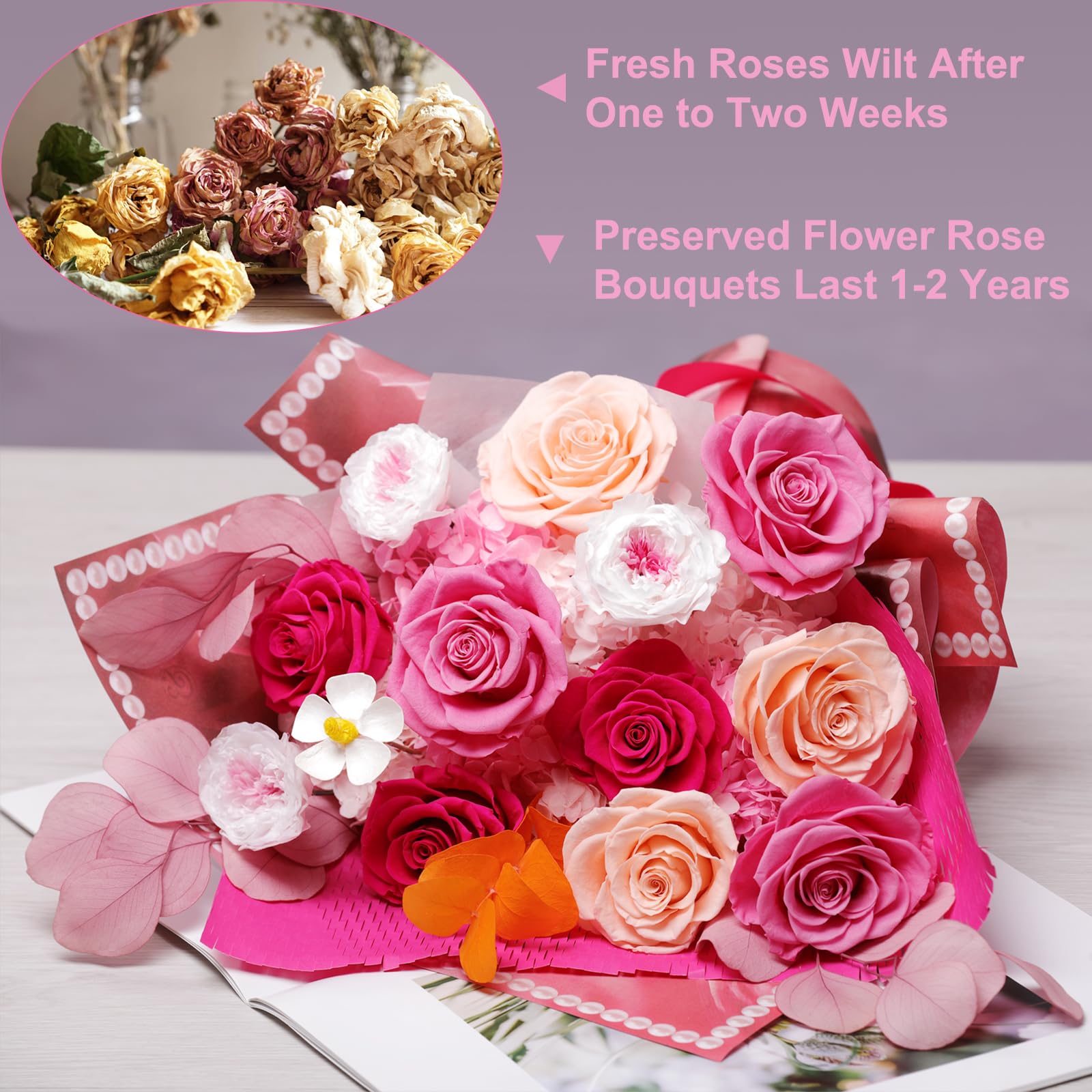 Lovenfold Preserved Flowers Bouquet 12 Mixed Multi-Color Roses for Delivery, Birthday Flowers Rose Gifts for Women Mom Grandma