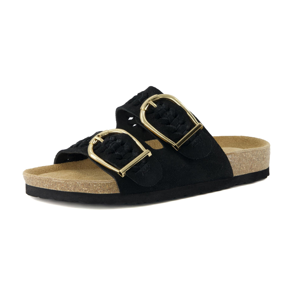 CUSHIONAIRE Cashew Slip On Womens Sandals, Genuine Suede Leather Braided Double Strap Slide On Sandals with Adjustable Big Buckle for Women 2026, Black 8