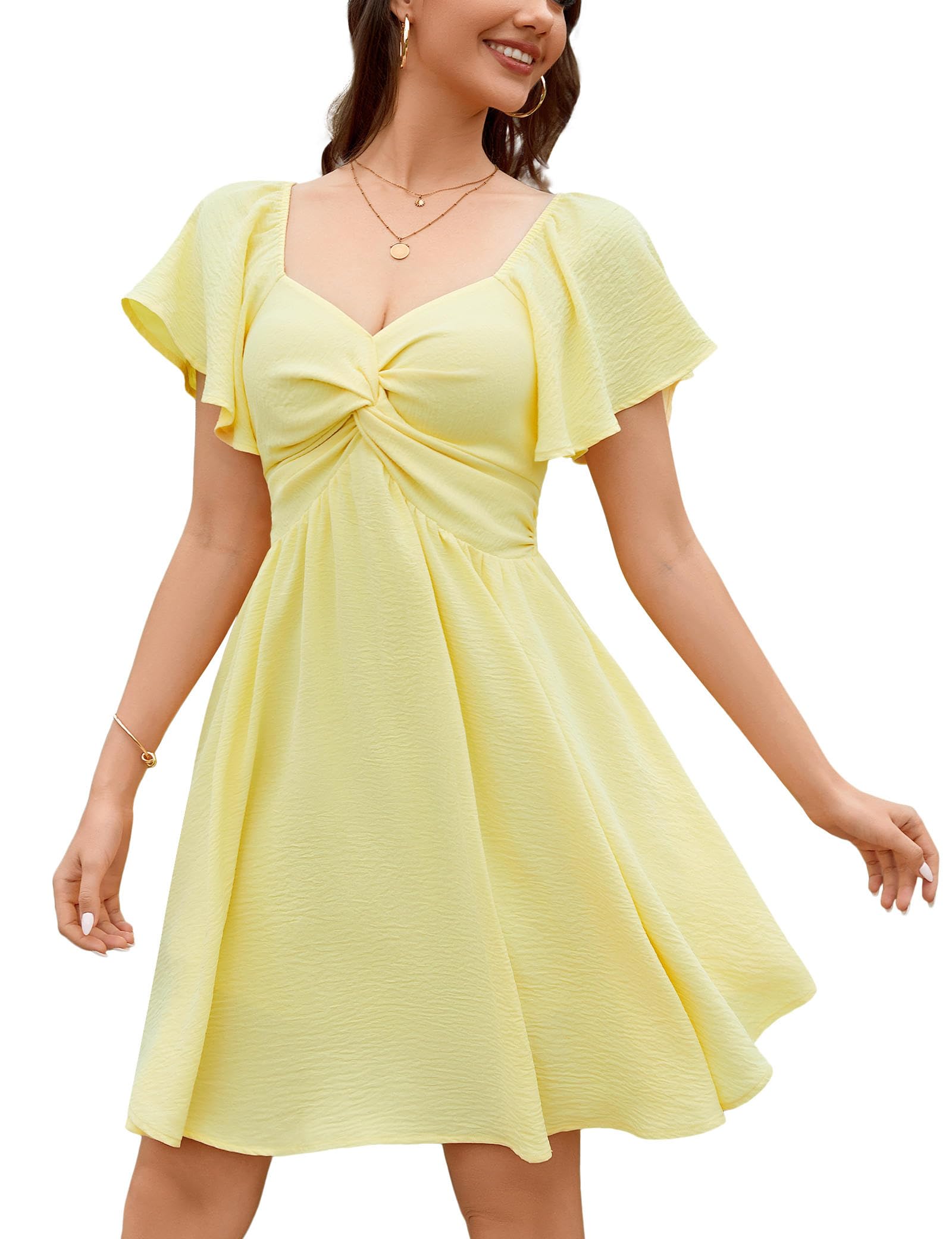 Florboom Women's Summer Sweetheart Neckline Short Sleeve Sexy Mini Dresses Knot Front Chiffon Going Out Picnic Flowy Dress (Yellow, S)