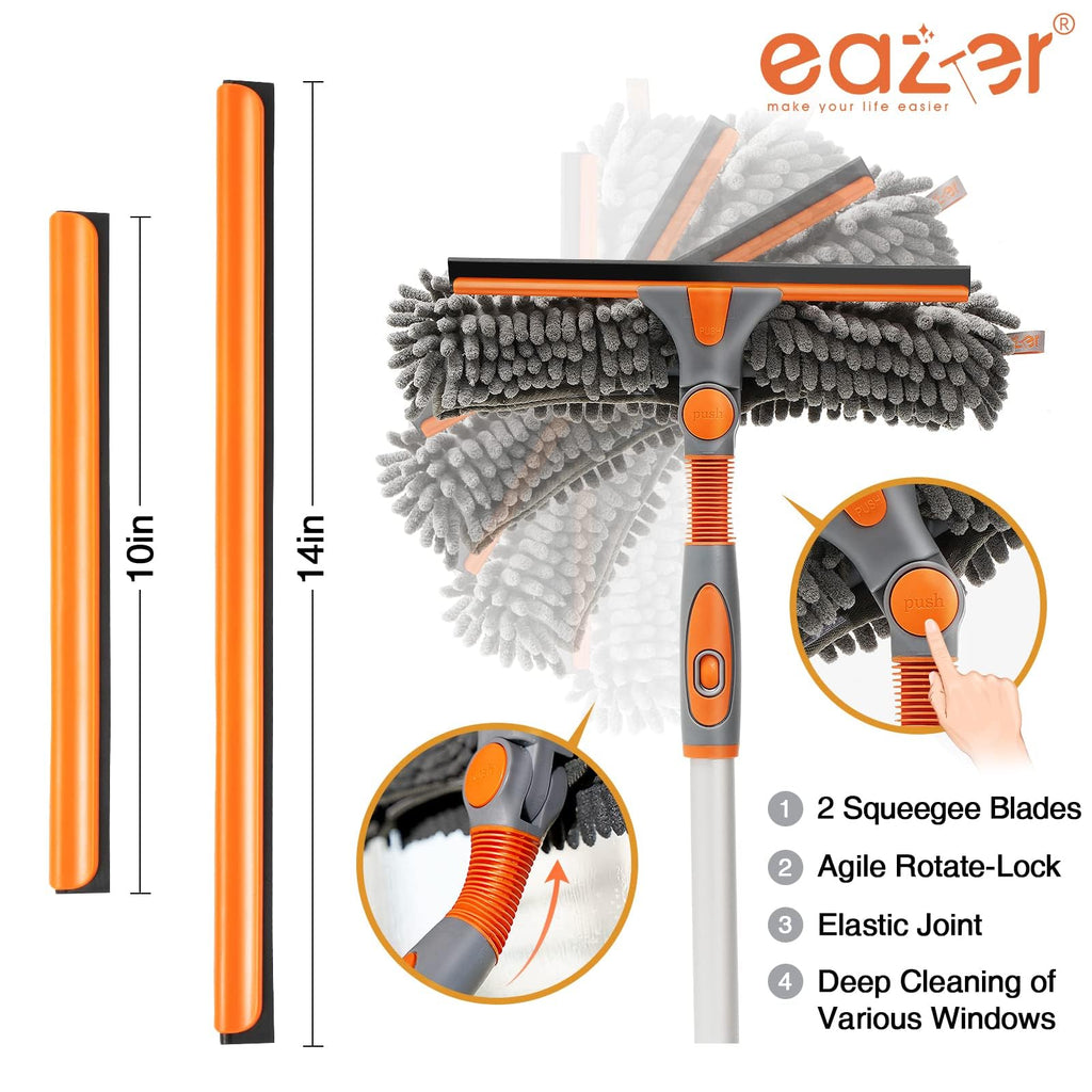 Eazer Squeegee Window Cleaner Tool, 2 in 1 Rotatable Window Cleaning Squeegee Kit with Extension Pole, 62'' Window Washing Kit, Bendable Head for Car Glass - 2 Scraper