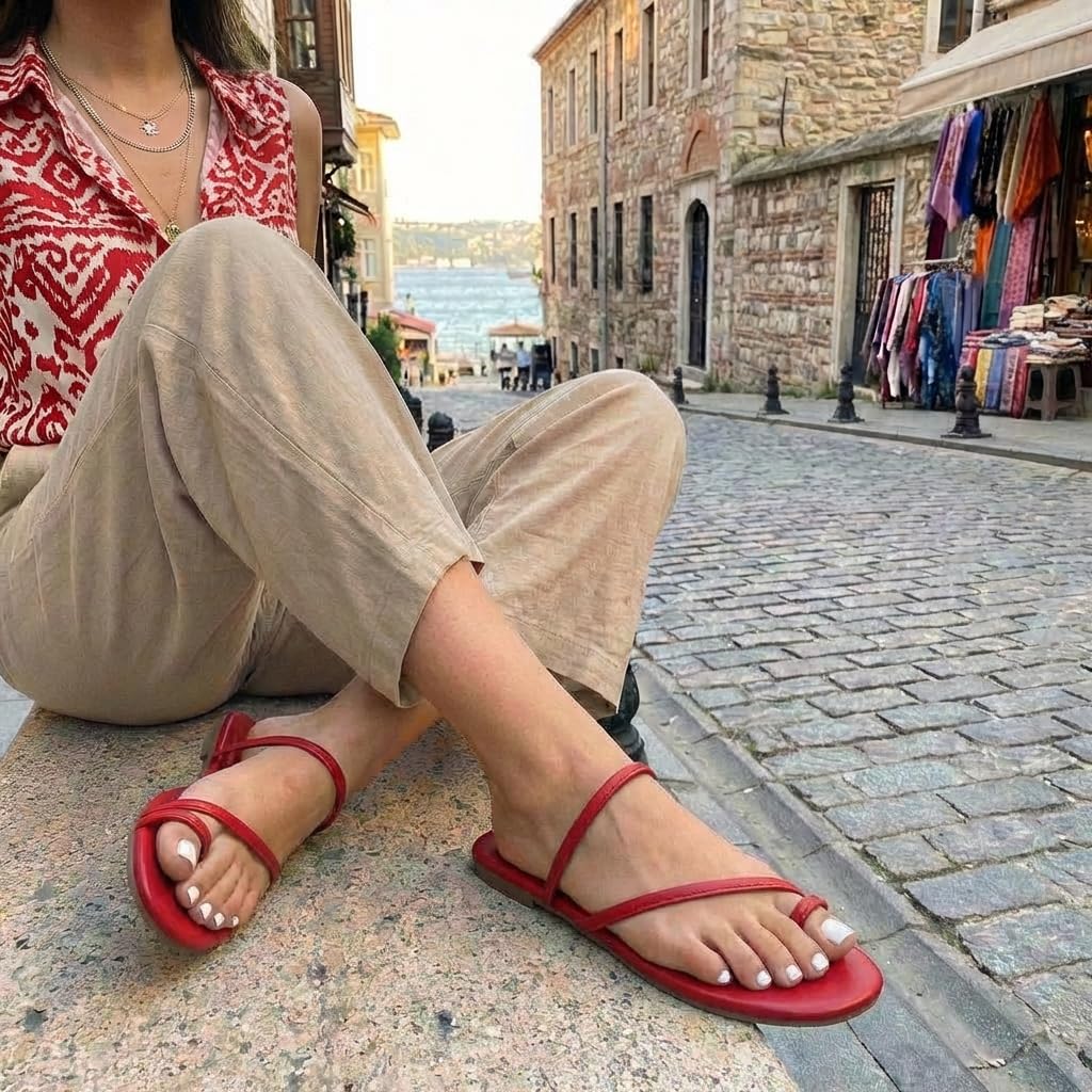 CUSHIONAIRE Resort Strappy Sandals for Women, Vegan Leather Memory Foam Flat Women's Sandals with Toe Ring, RED 11