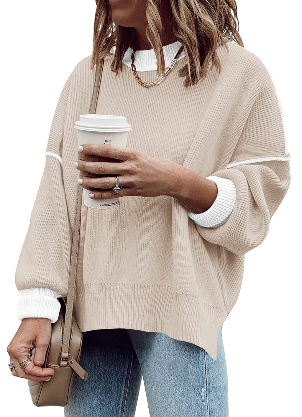 ETCYY Womens Oversized Sweaters Fall 2026 Fashion Clothes Trendy Batwing Sleeve Colorblock Striped Knit Pullover Tops,Apricot,Large